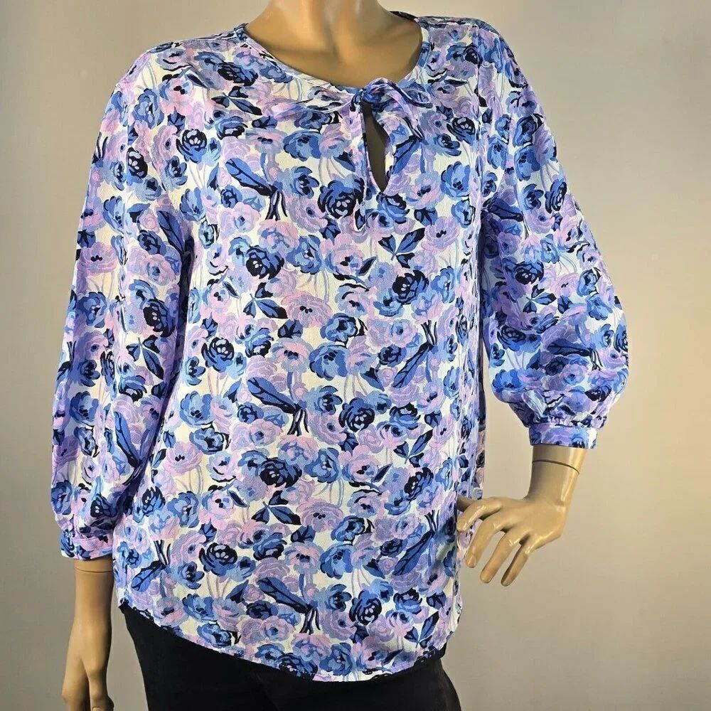 Caslon Nordstrom Womens Blouse Multicolor Floral Top Split Tie Neck Size Medium